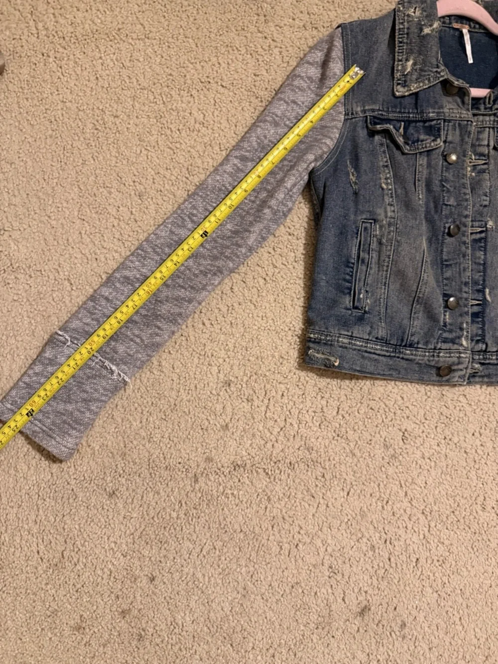 Free People Distressed Denim Knit Sleeve Jacket Blue Gray Hybrid Trucker - Picture 7 of 10